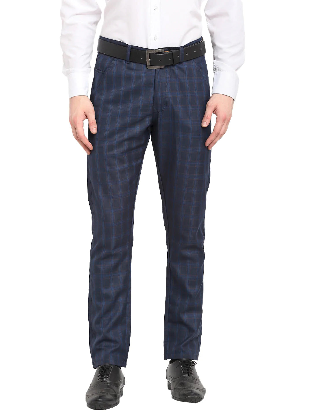 Jainish Men's Navy Blue Cotton Checked Formal Trousers ( FGP 267Navy )