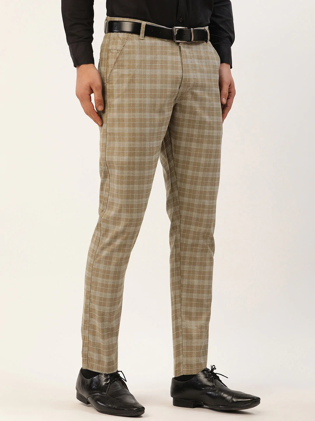 Jainish Men's Beige Tartan Checked Formal Trousers ( FGP 271 Beige )