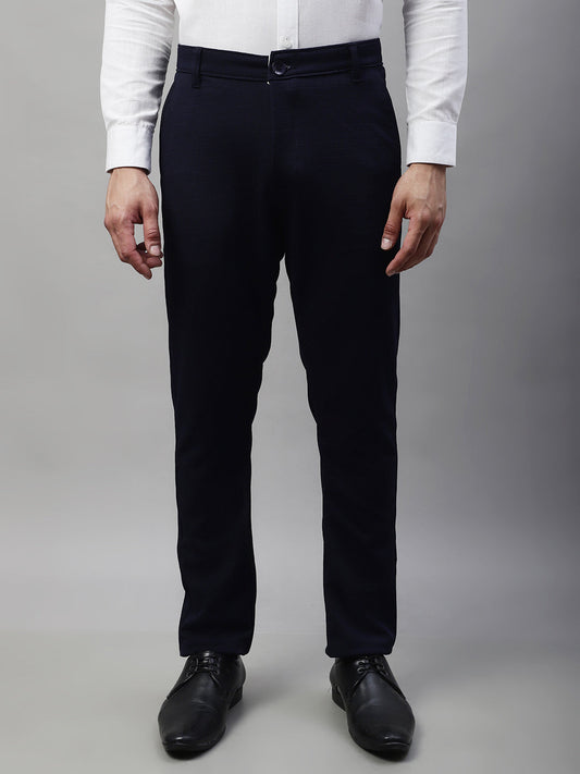 Jainish Men's Navy Blue Tapered Fit Formal Trousers