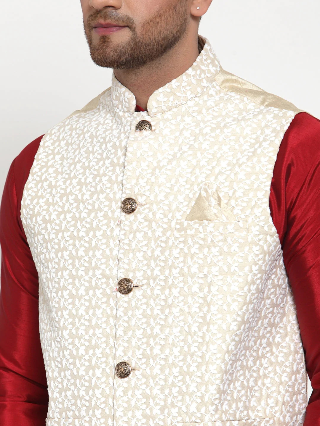 Jompers Men's Beige Embroidered Nehru Jacket ( JOWC 4012Beige )