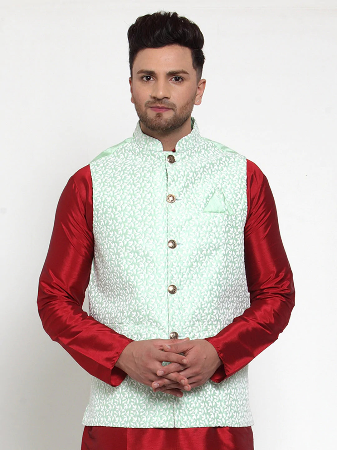 Jompers Men's Green Embroidered Nehru Jacket ( JOWC 4012Light-Green )