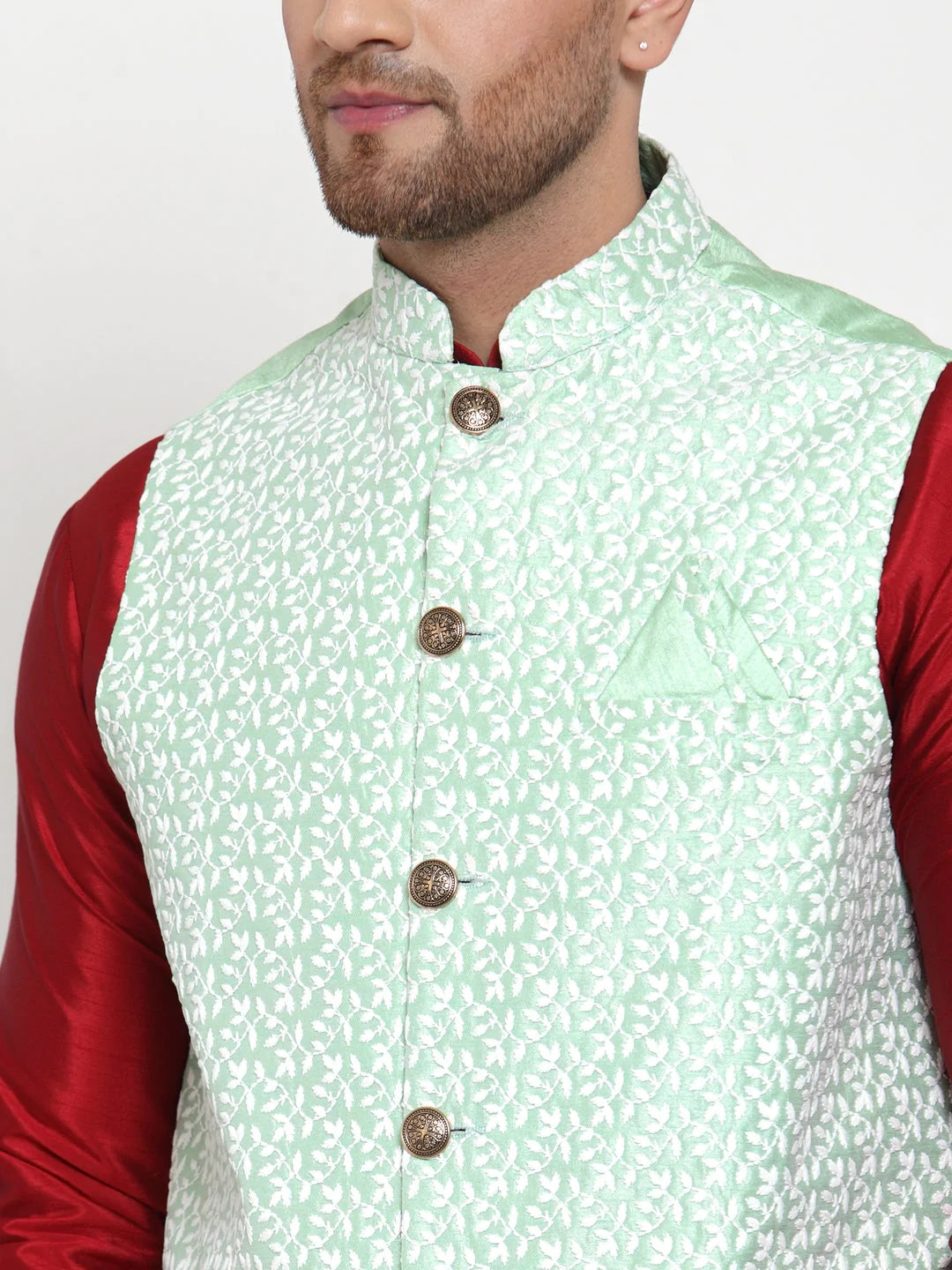 Jompers Men's Green Embroidered Nehru Jacket ( JOWC 4012Light-Green )