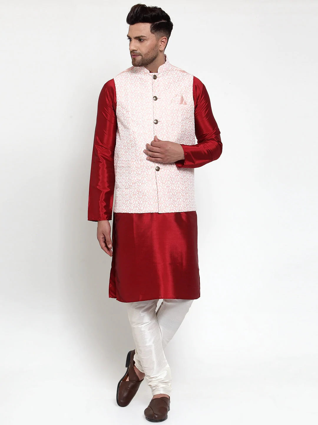 Jompers Men's Pink Embroidered Nehru Jacket ( JOWC 4012Pink )