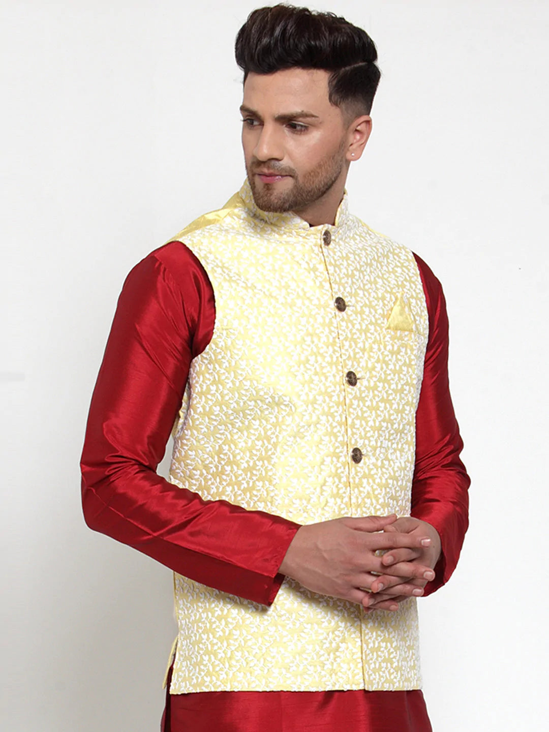 Jompers Men's Yellow Embroidered Nehru Jacket ( JOWC 4012Yellow )