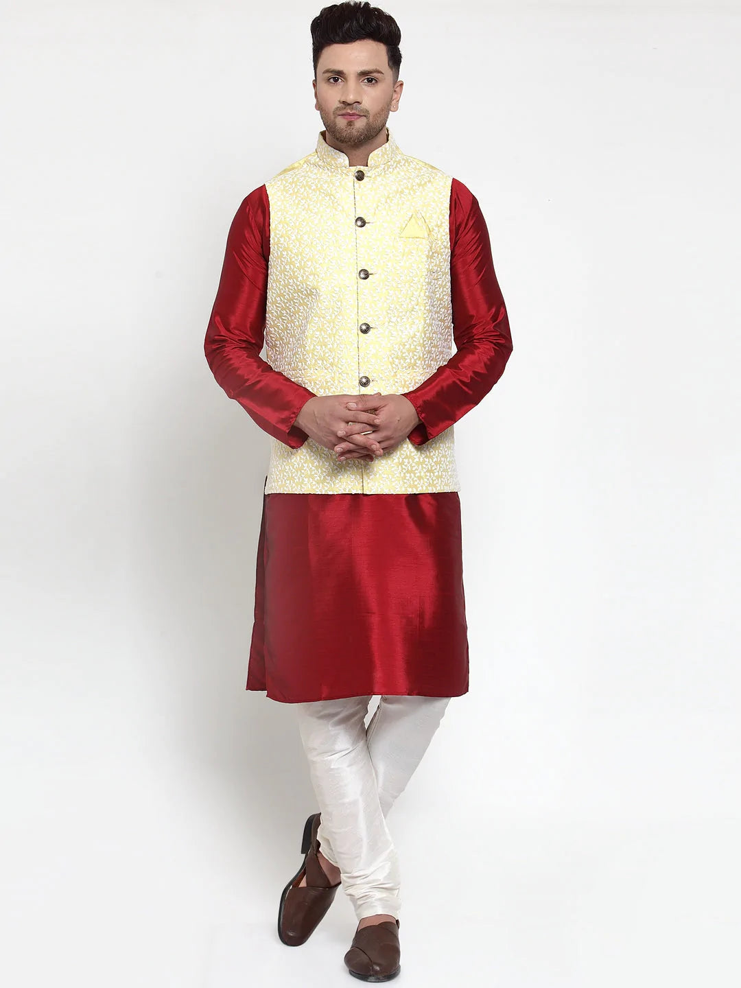 Jompers Men's Yellow Embroidered Nehru Jacket ( JOWC 4012Yellow )