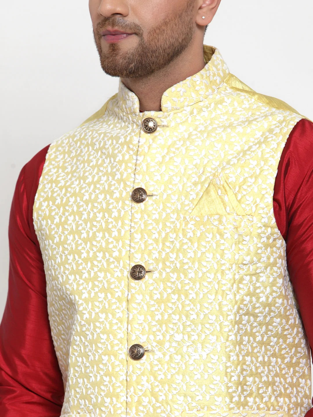 Jompers Men's Yellow Embroidered Nehru Jacket ( JOWC 4012Yellow )