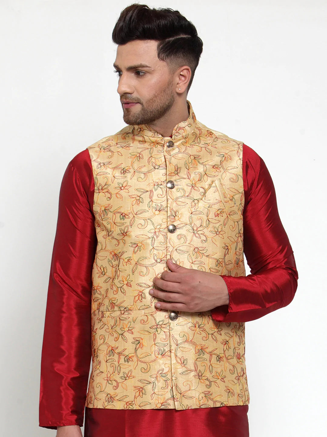 Jompers Men's Gold Embroidered Nehru Jacket ( JOWC 4013Golden )