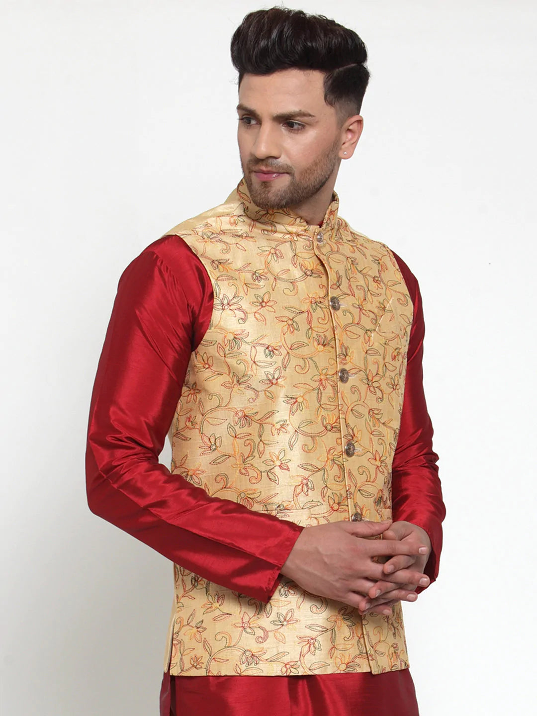Jompers Men's Gold Embroidered Nehru Jacket ( JOWC 4013Golden )