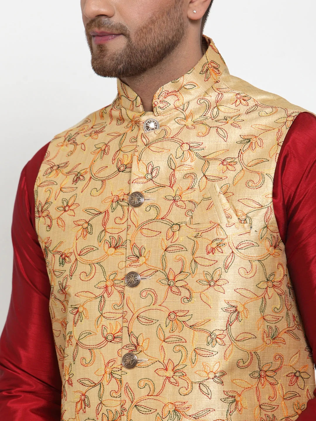 Jompers Men's Gold Embroidered Nehru Jacket ( JOWC 4013Golden )