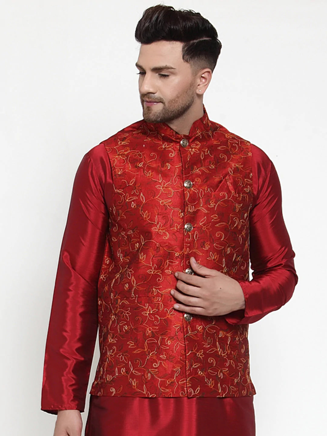 Jompers Men's Maroon Embroidered Nehru Jacket ( JOWC 4013Maroon )