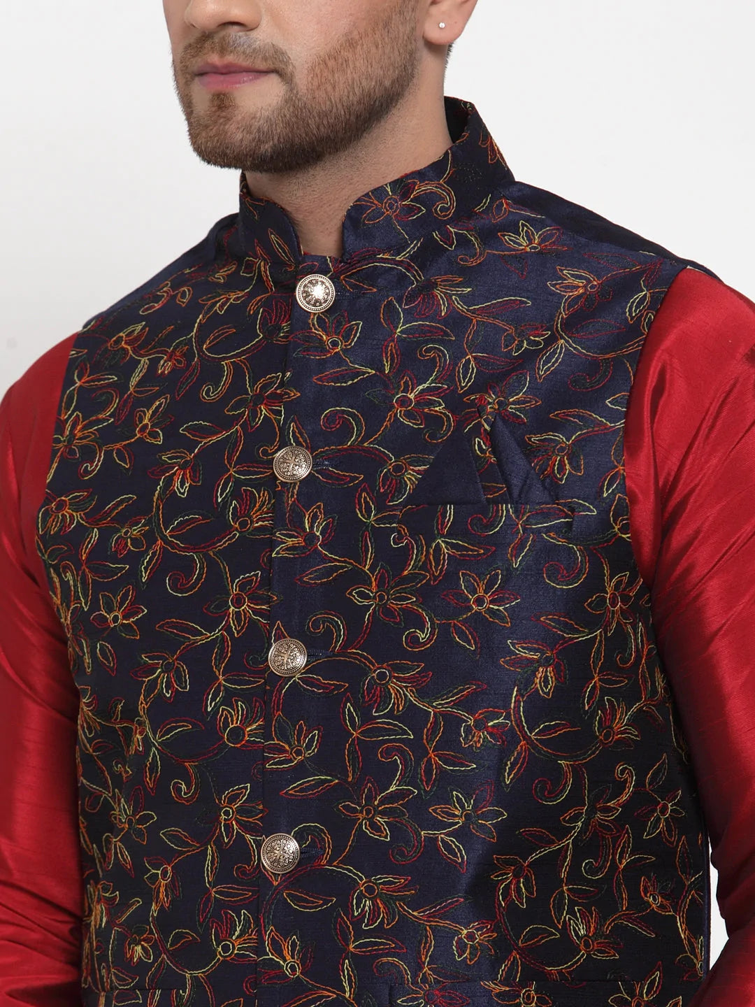 Jompers Men's Navy Embroidered Nehru Jacket ( JOWC 4013Navy )