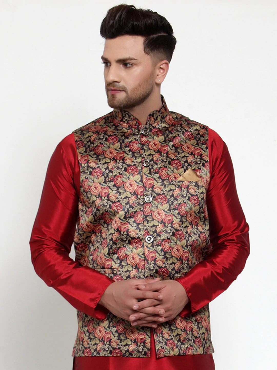 Jompers Men's Black Printed Nehru Jacket ( JOWC 4014Black )