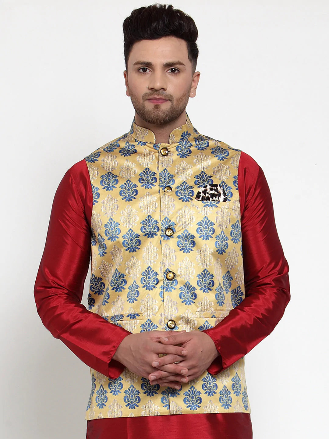 Jompers Men's Gold Printed Nehru Jacket ( JOWC 4014Golden )