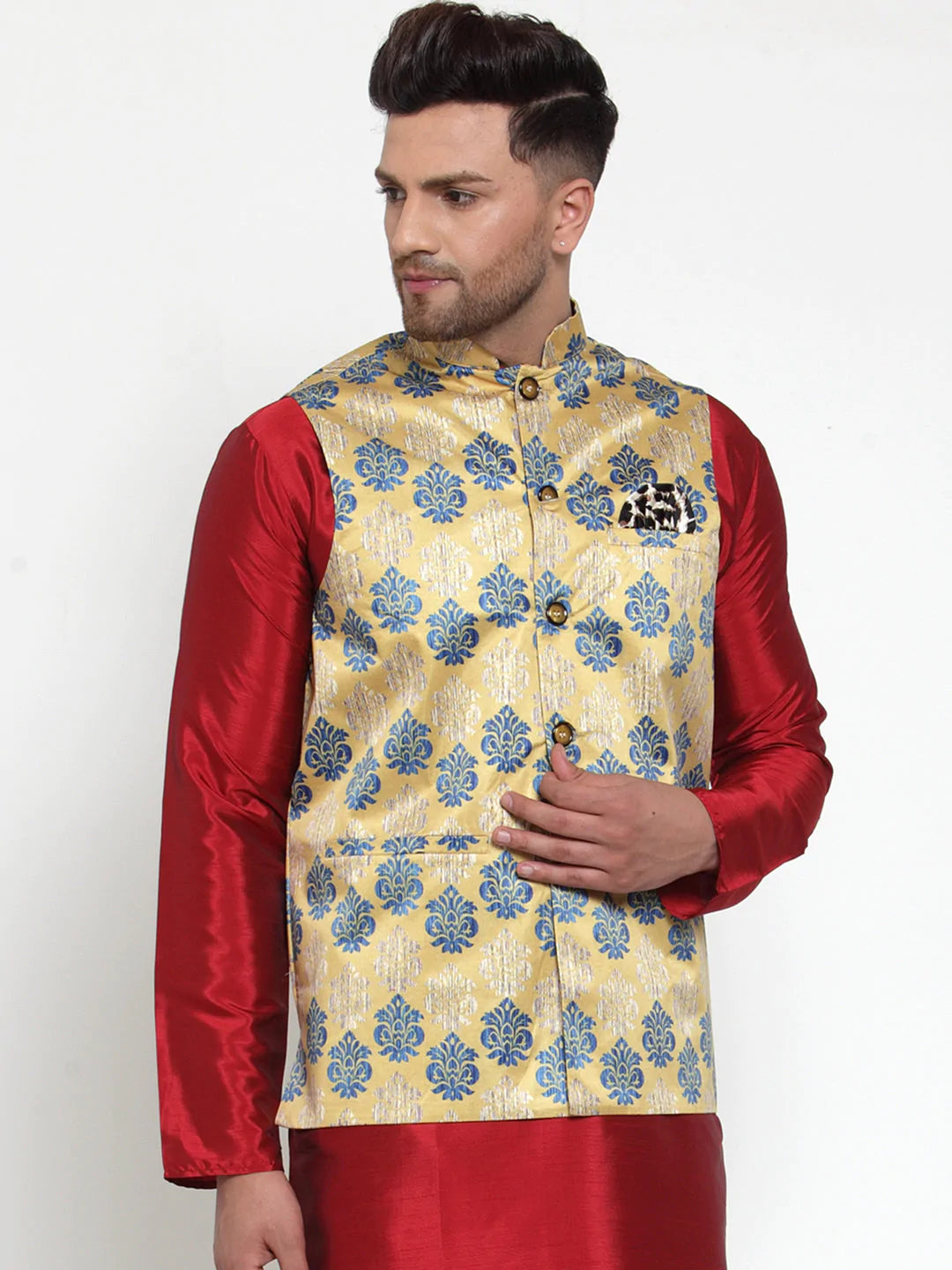 Jompers Men's Gold Printed Nehru Jacket ( JOWC 4014Golden )