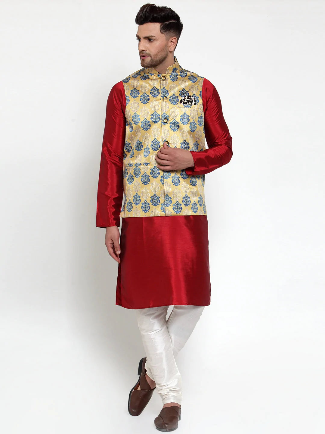 Jompers Men's Gold Printed Nehru Jacket ( JOWC 4014Golden )