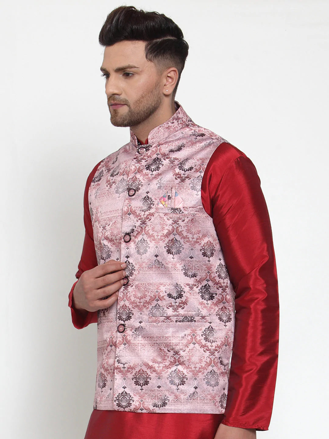 Jompers Men's Pink Printed Nehru Jacket ( JOWC 4014Pink )