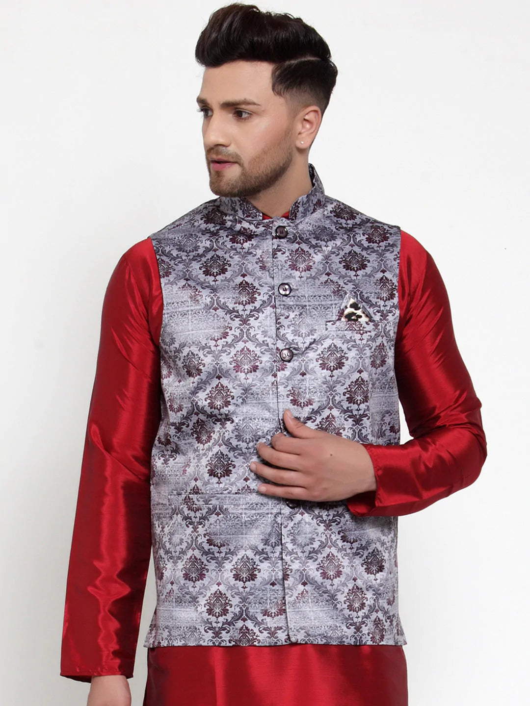 Jompers Men's Purple Printed Nehru Jacket ( JOWC 4014Purple )
