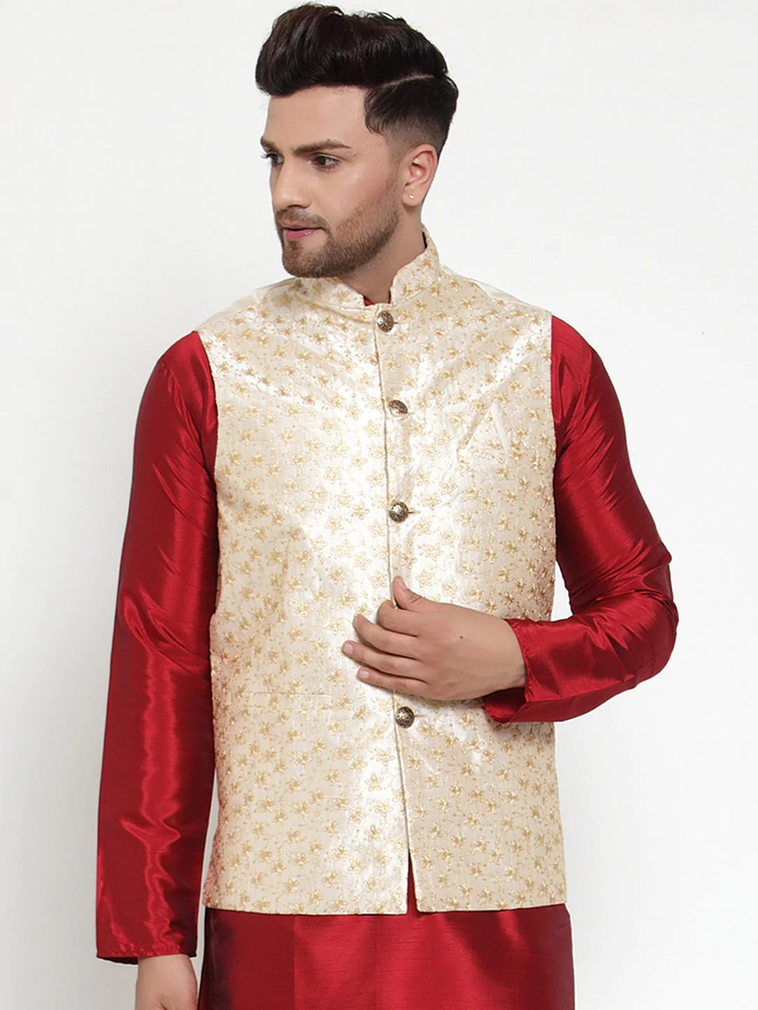 Jompers Men's Cream Embroidered Nehru Jacket ( JOWC 4015Cream )