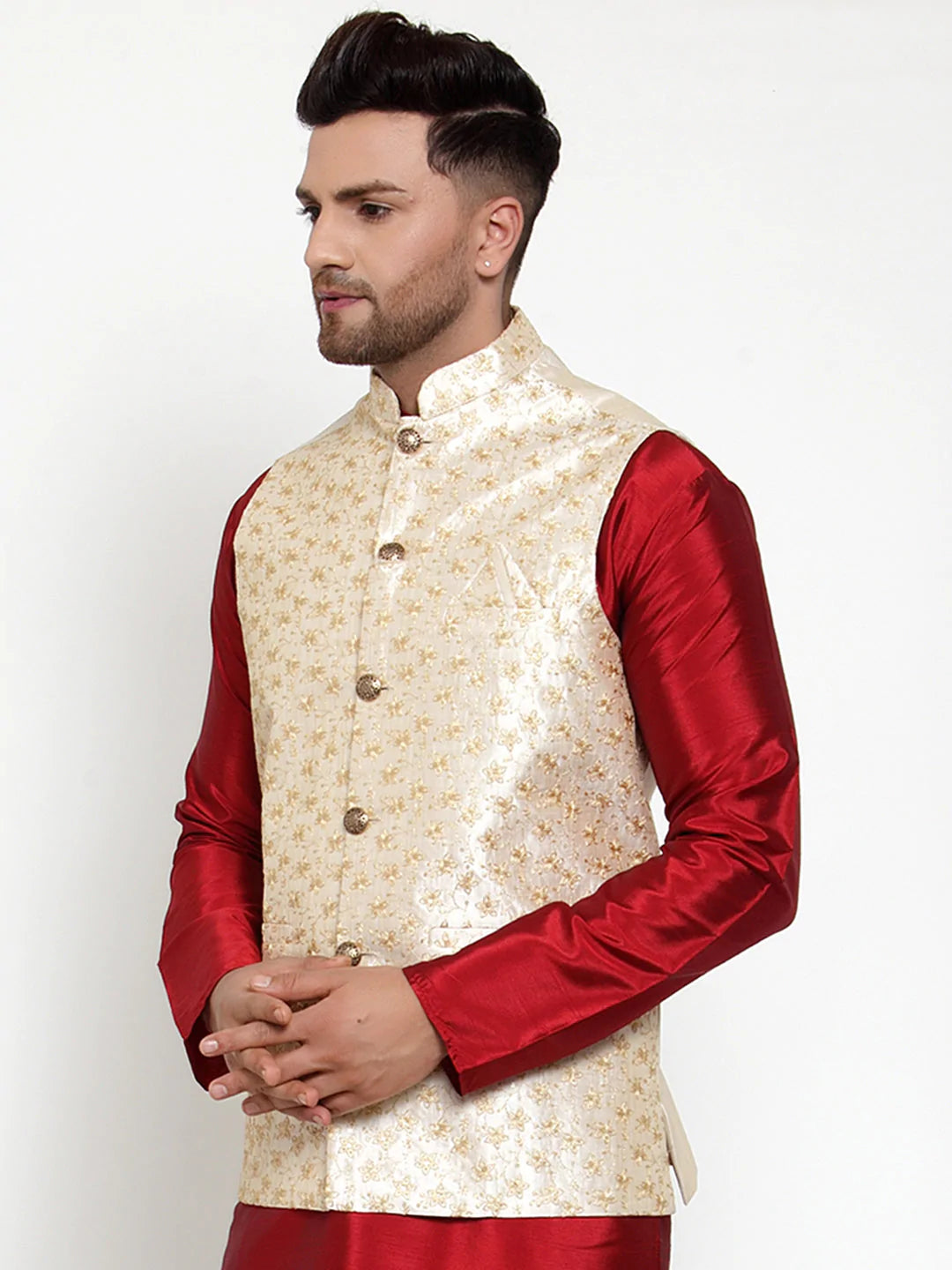 Jompers Men's Cream Embroidered Nehru Jacket ( JOWC 4015Cream )