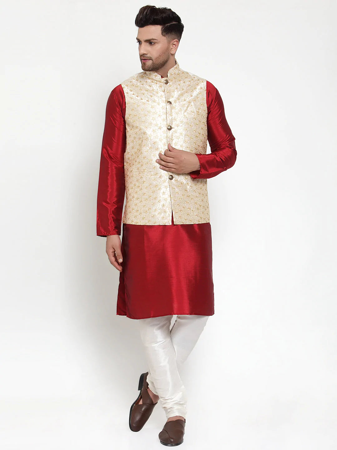 Jompers Men's Cream Embroidered Nehru Jacket ( JOWC 4015Cream )