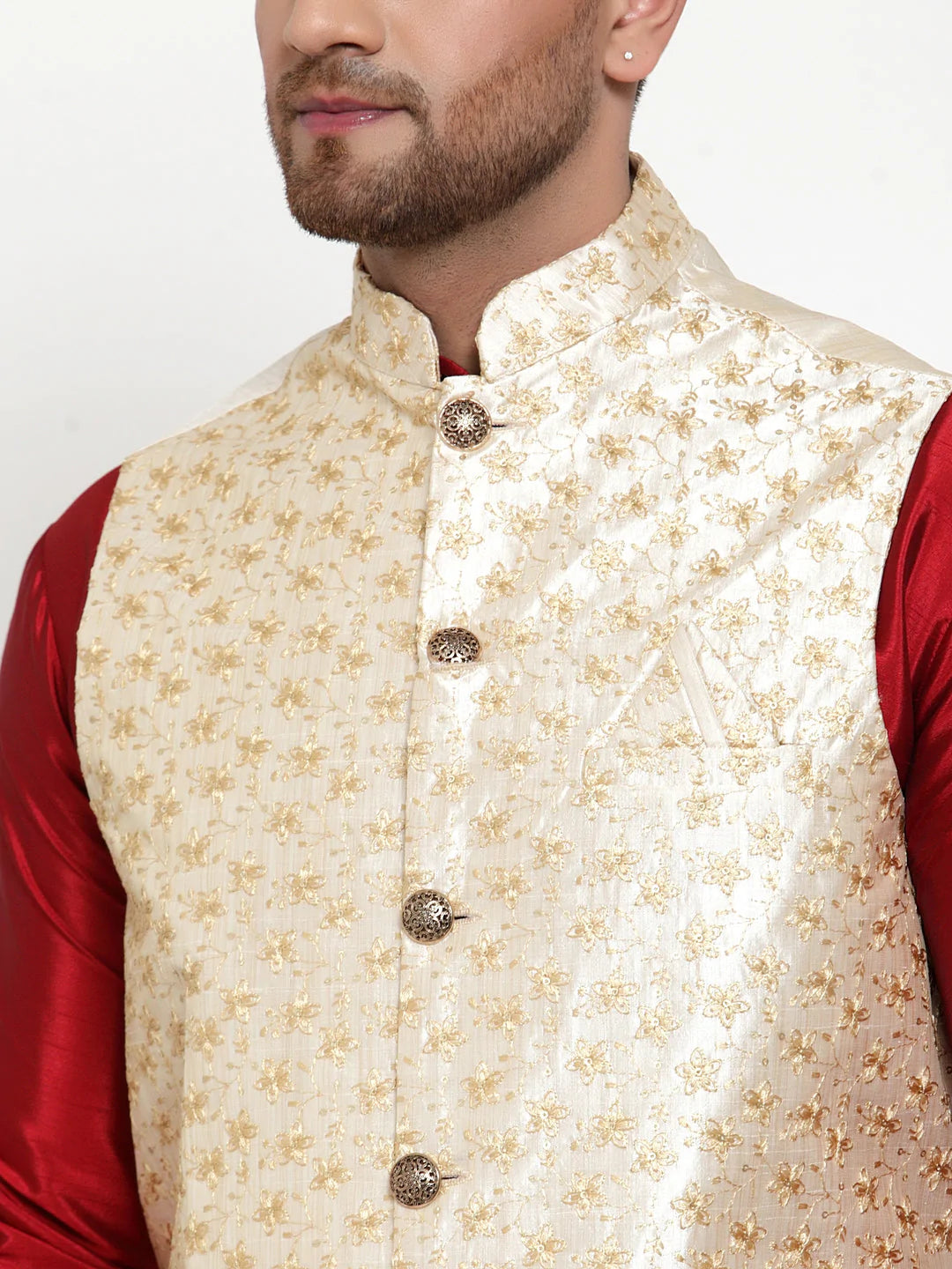 Jompers Men's Cream Embroidered Nehru Jacket ( JOWC 4015Cream )