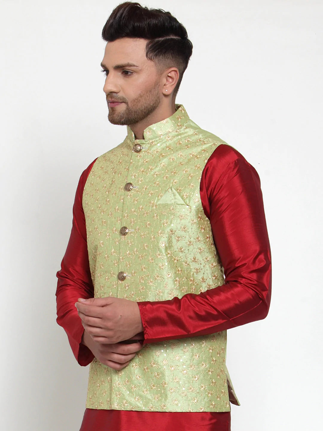 Jompers Men's Green Embroidered Nehru Jacket ( JOWC 4015Green )