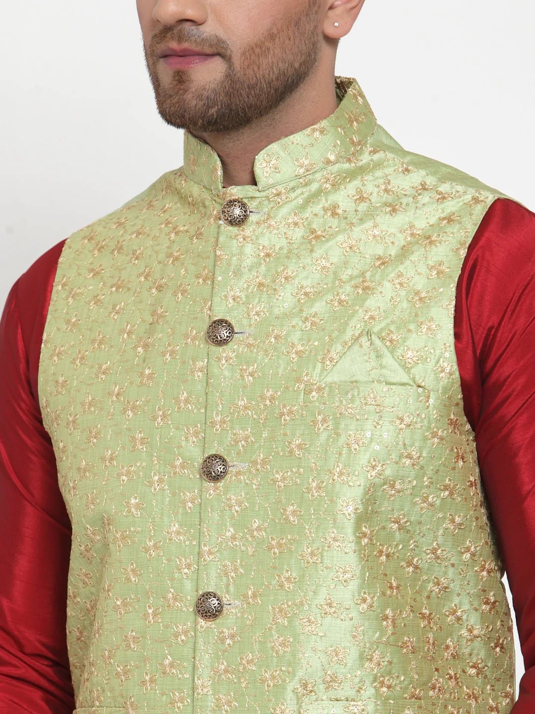 Jompers Men's Green Embroidered Nehru Jacket ( JOWC 4015Green )