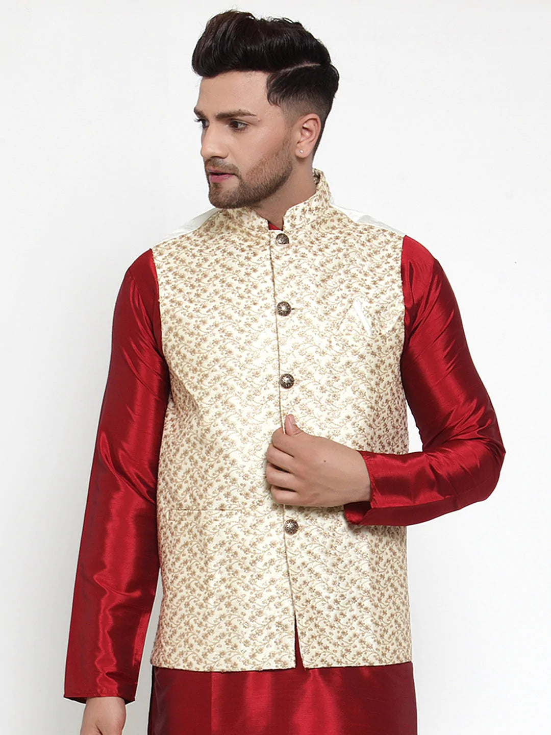 Jompers Men's Cream Embroidered Nehru Jacket ( JOWC 4016Cream )