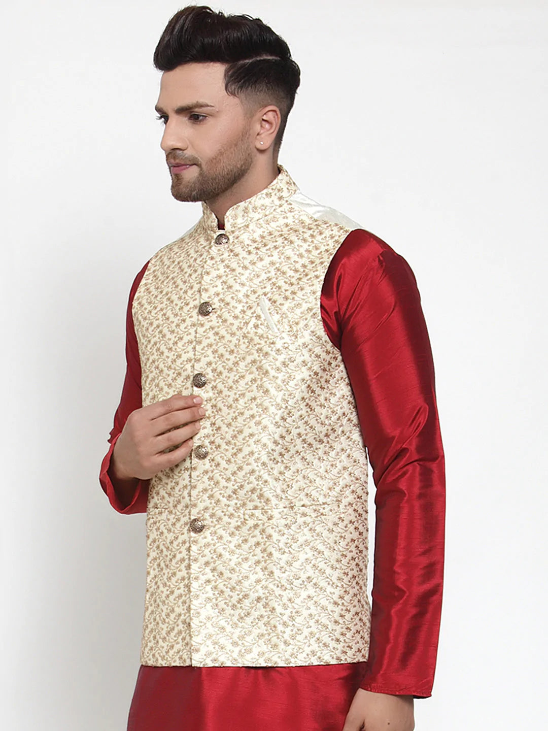 Jompers Men's Cream Embroidered Nehru Jacket ( JOWC 4016Cream )