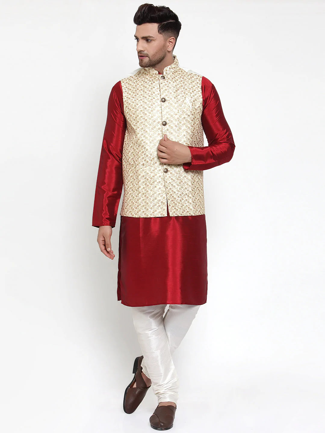 Jompers Men's Cream Embroidered Nehru Jacket ( JOWC 4016Cream )