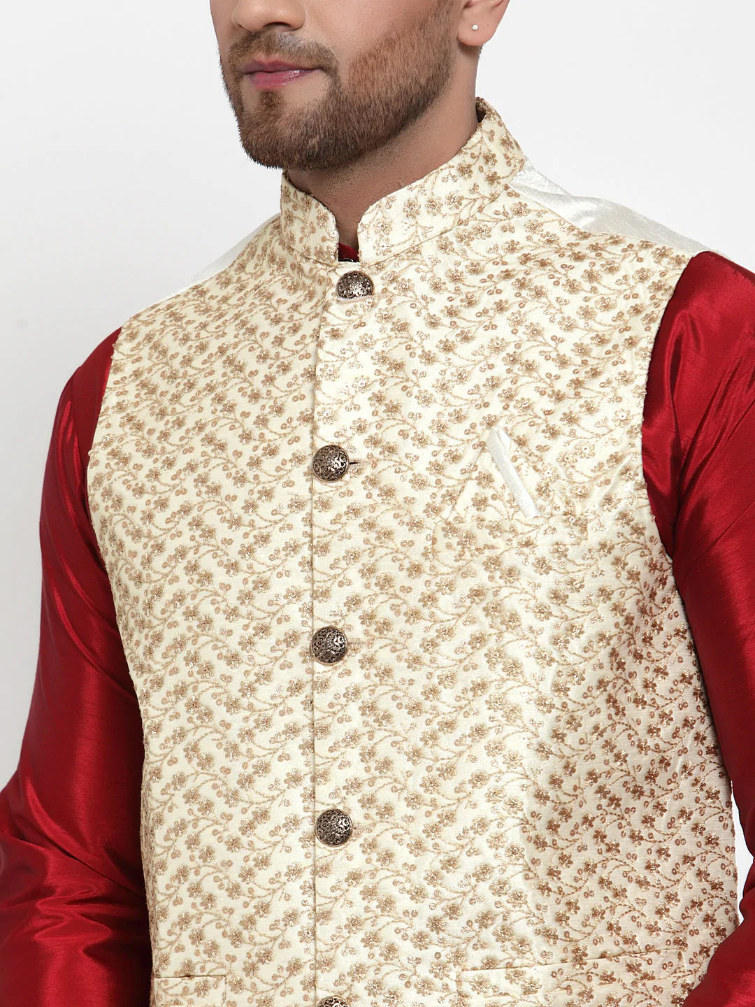 Jompers Men's Cream Embroidered Nehru Jacket ( JOWC 4016Cream )