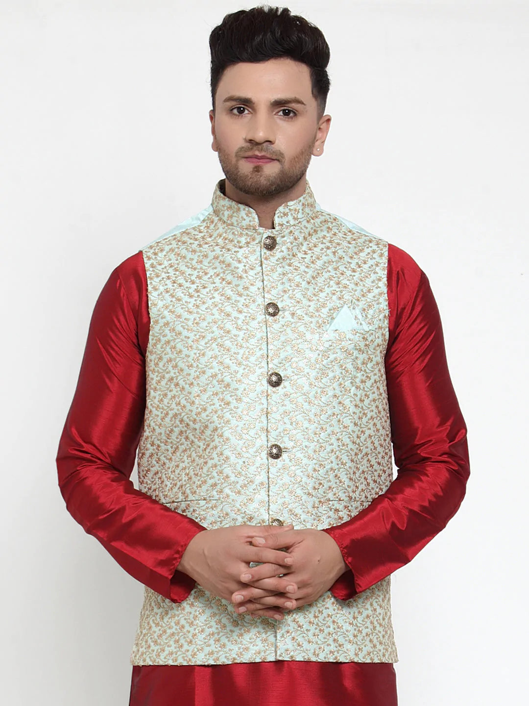 Jompers Men's Blue Embroidered Nehru Jacket ( JOWC 4016Sky )