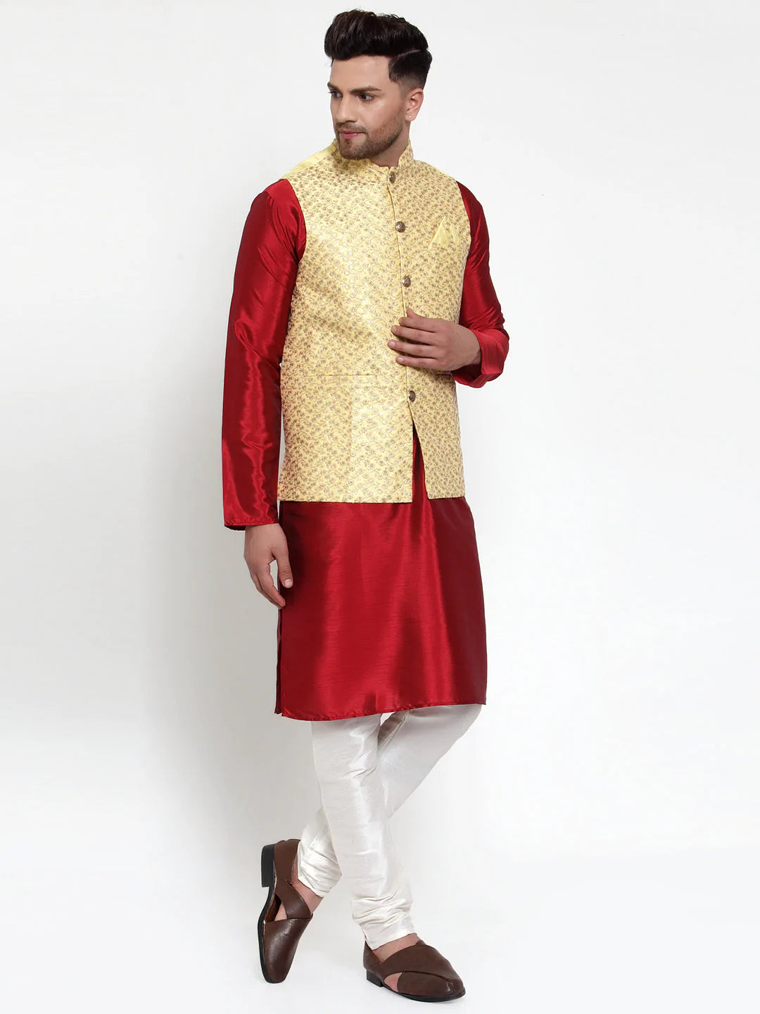 Jompers Men's Yellow Embroidered Nehru Jacket ( JOWC 4016Yellow )