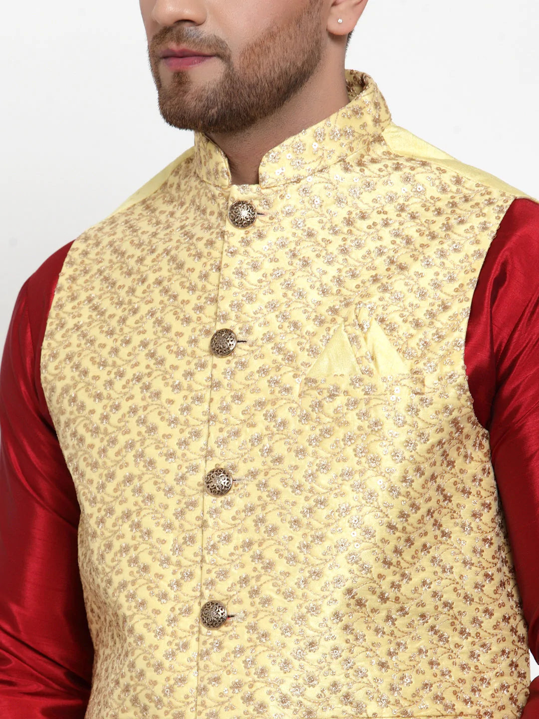 Jompers Men's Yellow Embroidered Nehru Jacket ( JOWC 4016Yellow )