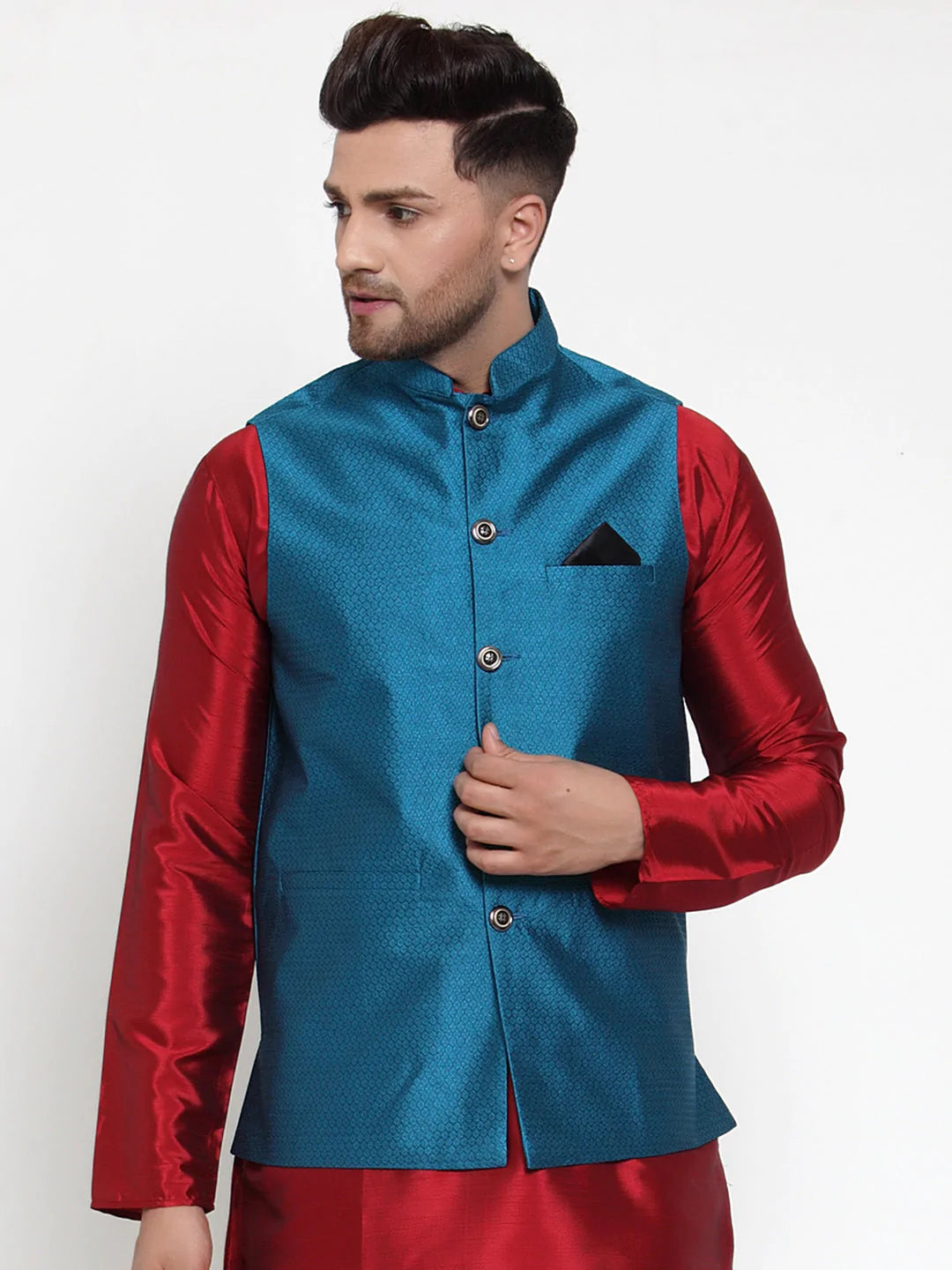 Jompers Men's Blue Woven Jacquard Nehru Jacket ( JOWC 4017Blue )
