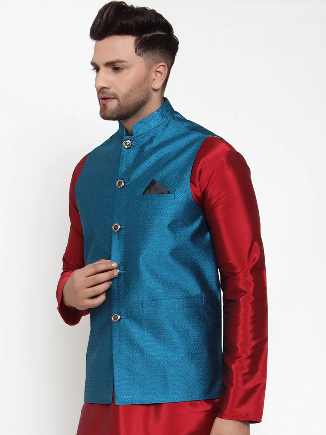 Jompers Men's Blue Woven Jacquard Nehru Jacket ( JOWC 4017Blue )