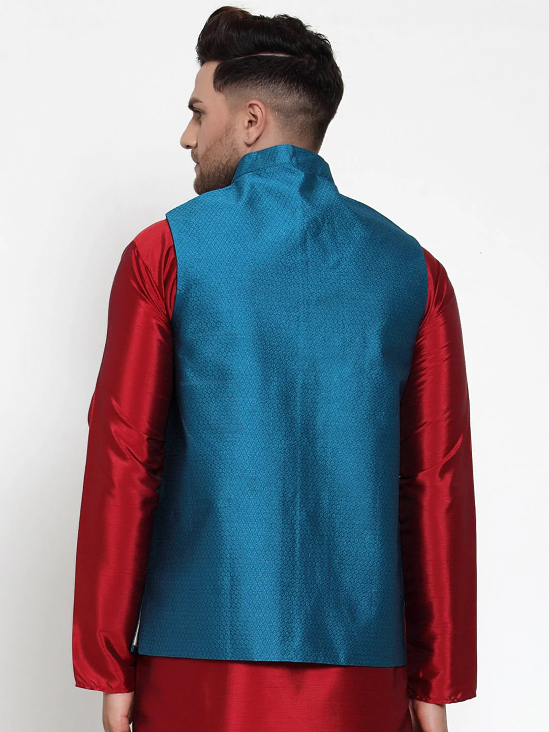 Jompers Men's Blue Woven Jacquard Nehru Jacket ( JOWC 4017Blue )