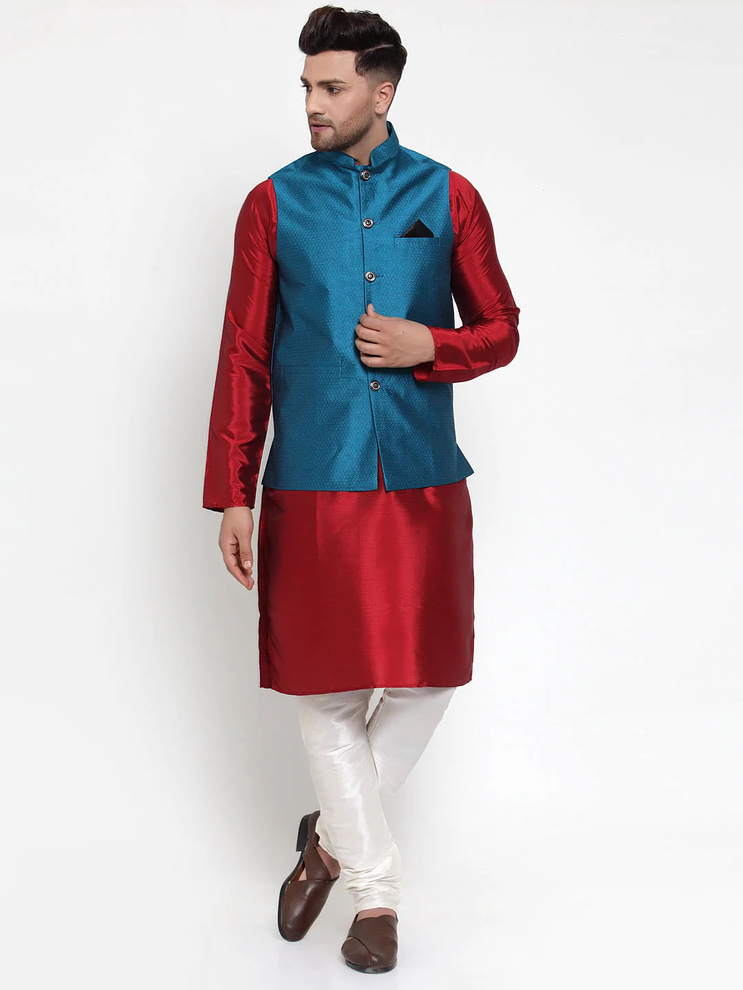 Jompers Men's Blue Woven Jacquard Nehru Jacket ( JOWC 4017Blue )