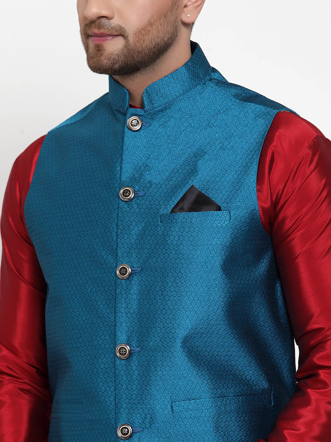 Jompers Men's Blue Woven Jacquard Nehru Jacket ( JOWC 4017Blue )