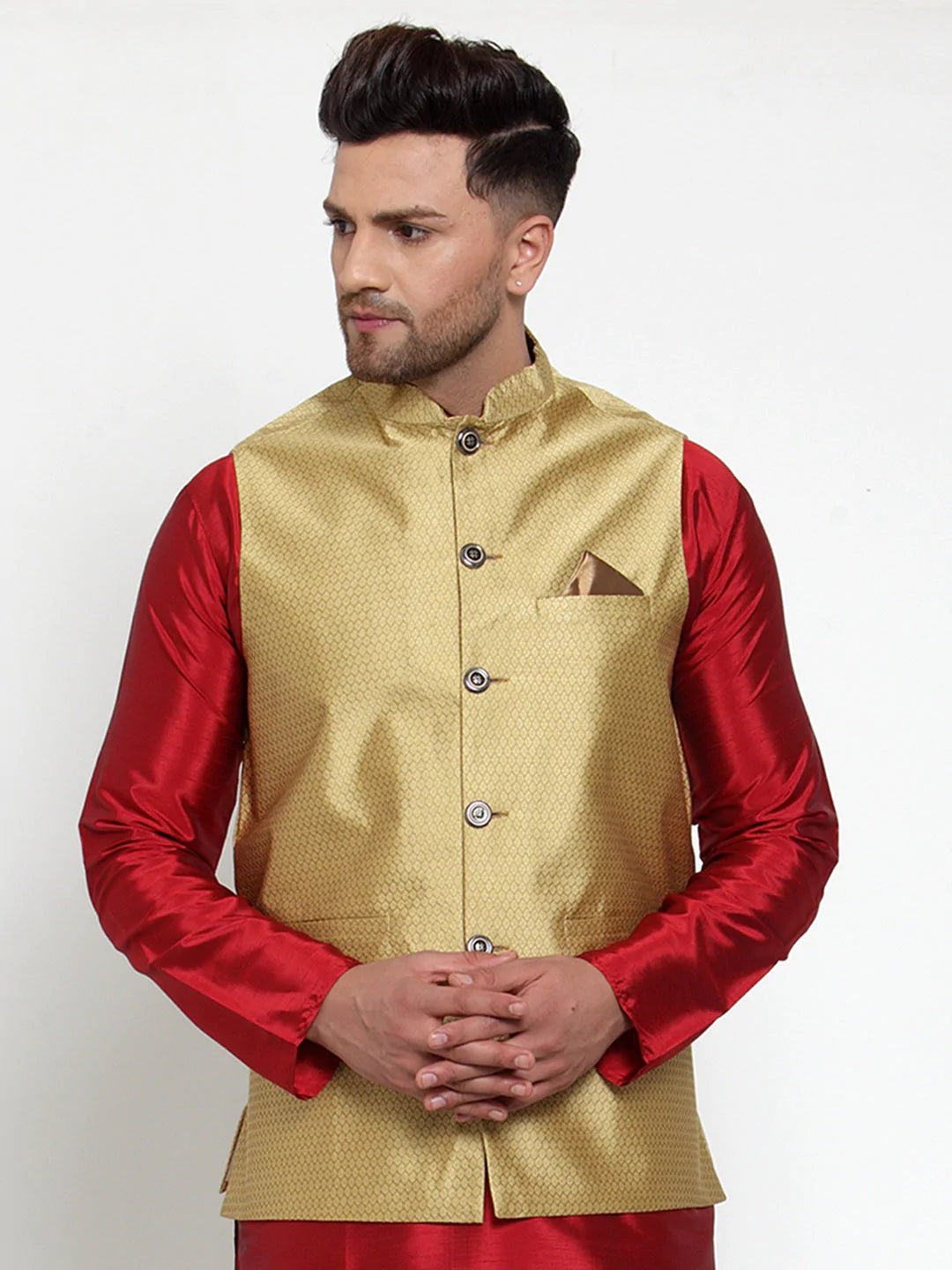 Jompers Men's Gold Woven Jacquard Nehru Jacket ( JOWC 4017Golden )