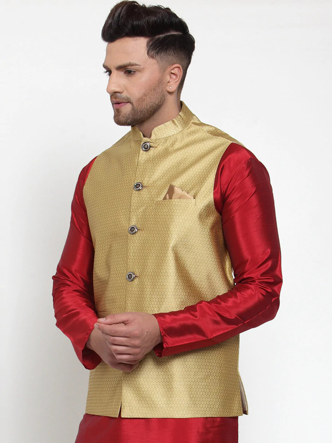 Jompers Men's Gold Woven Jacquard Nehru Jacket ( JOWC 4017Golden )