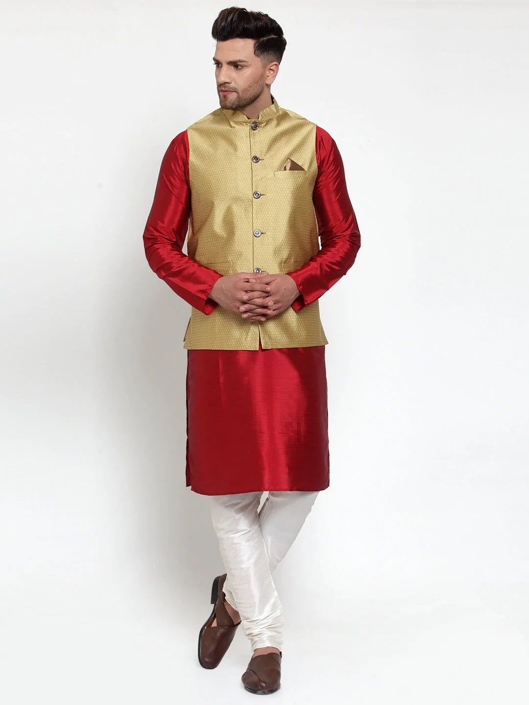 Jompers Men's Gold Woven Jacquard Nehru Jacket ( JOWC 4017Golden )