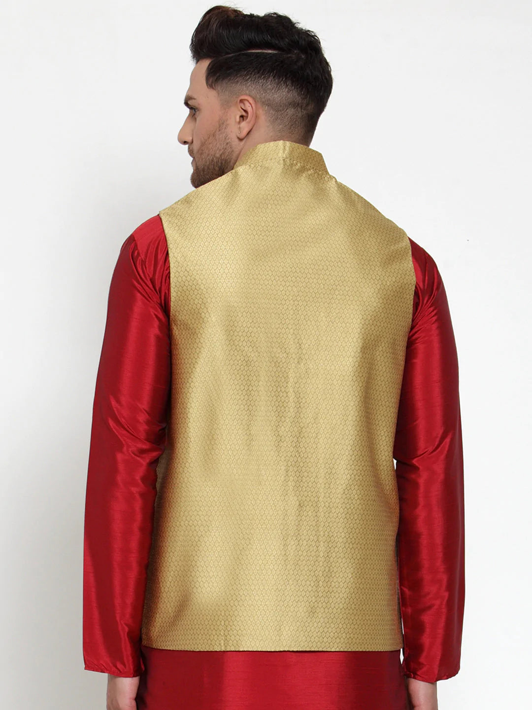 Jompers Men's Gold Woven Jacquard Nehru Jacket ( JOWC 4017Golden )