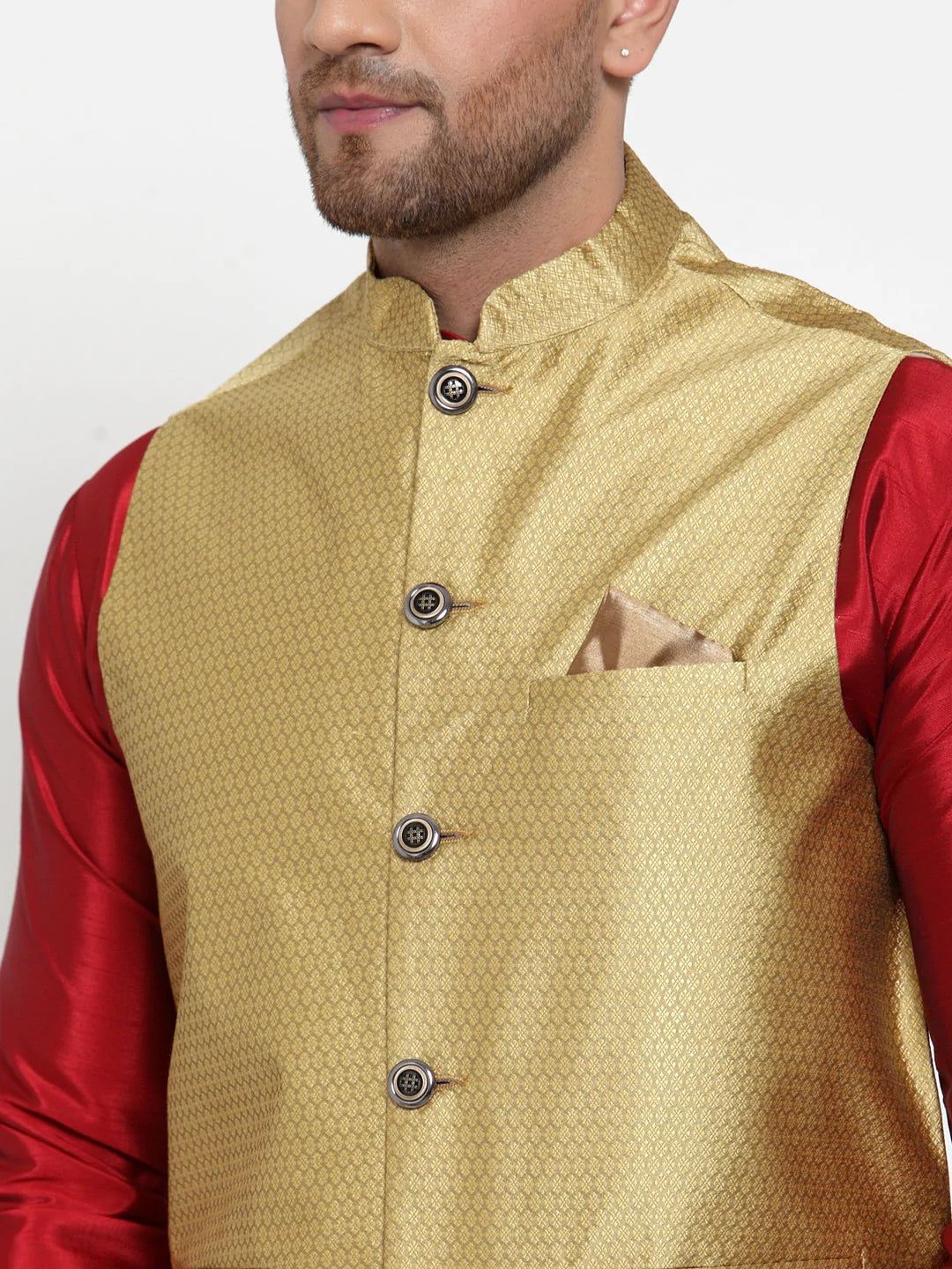 Jompers Men's Gold Woven Jacquard Nehru Jacket ( JOWC 4017Golden )