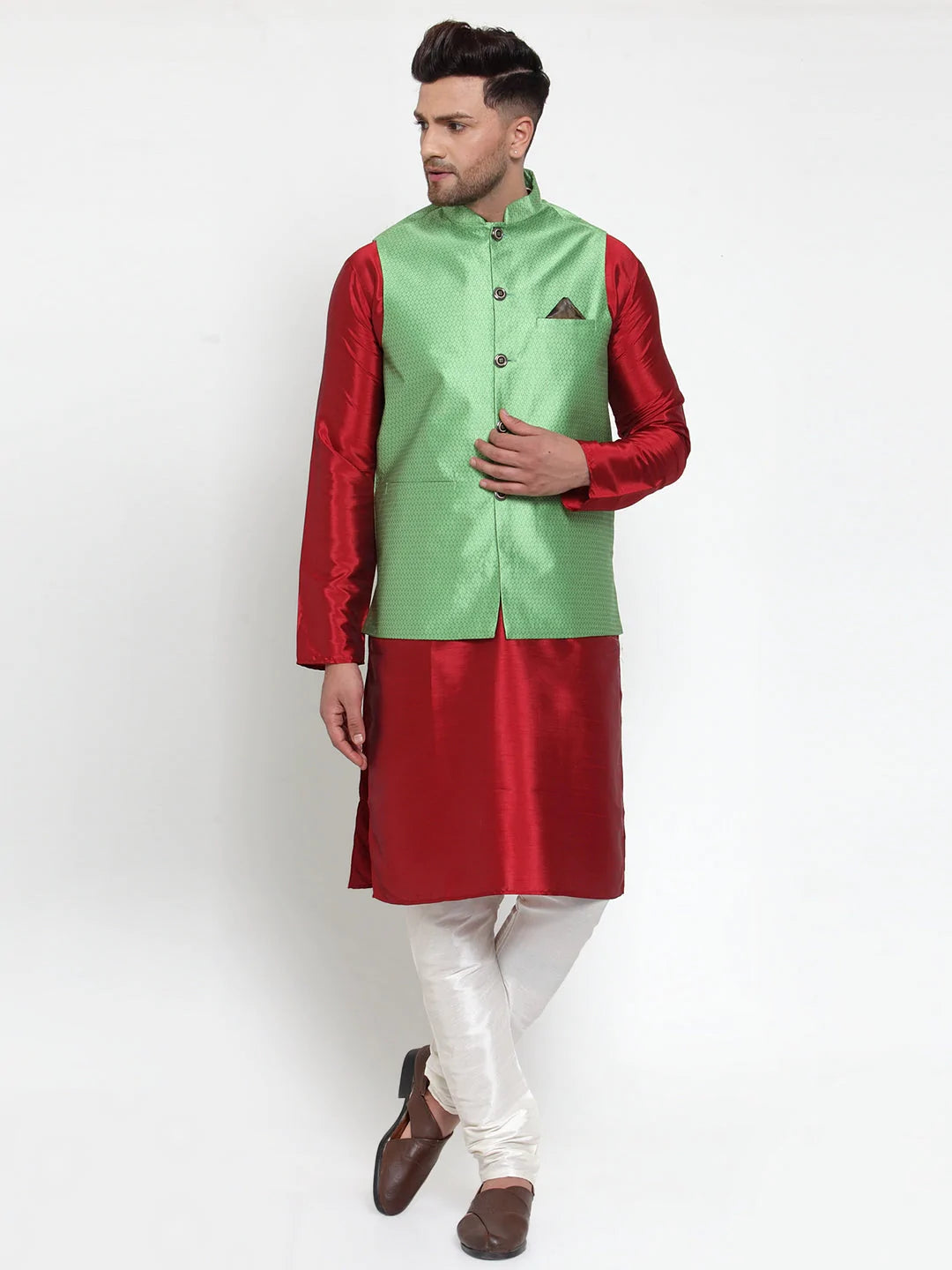 Jompers Men's Green Woven Jacquard Nehru Jacket ( JOWC 4017Green )