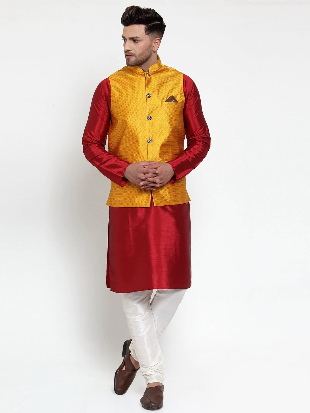 Jompers Men's Yellow Woven Jacquard Nehru Jacket ( JOWC 4017Yellow )