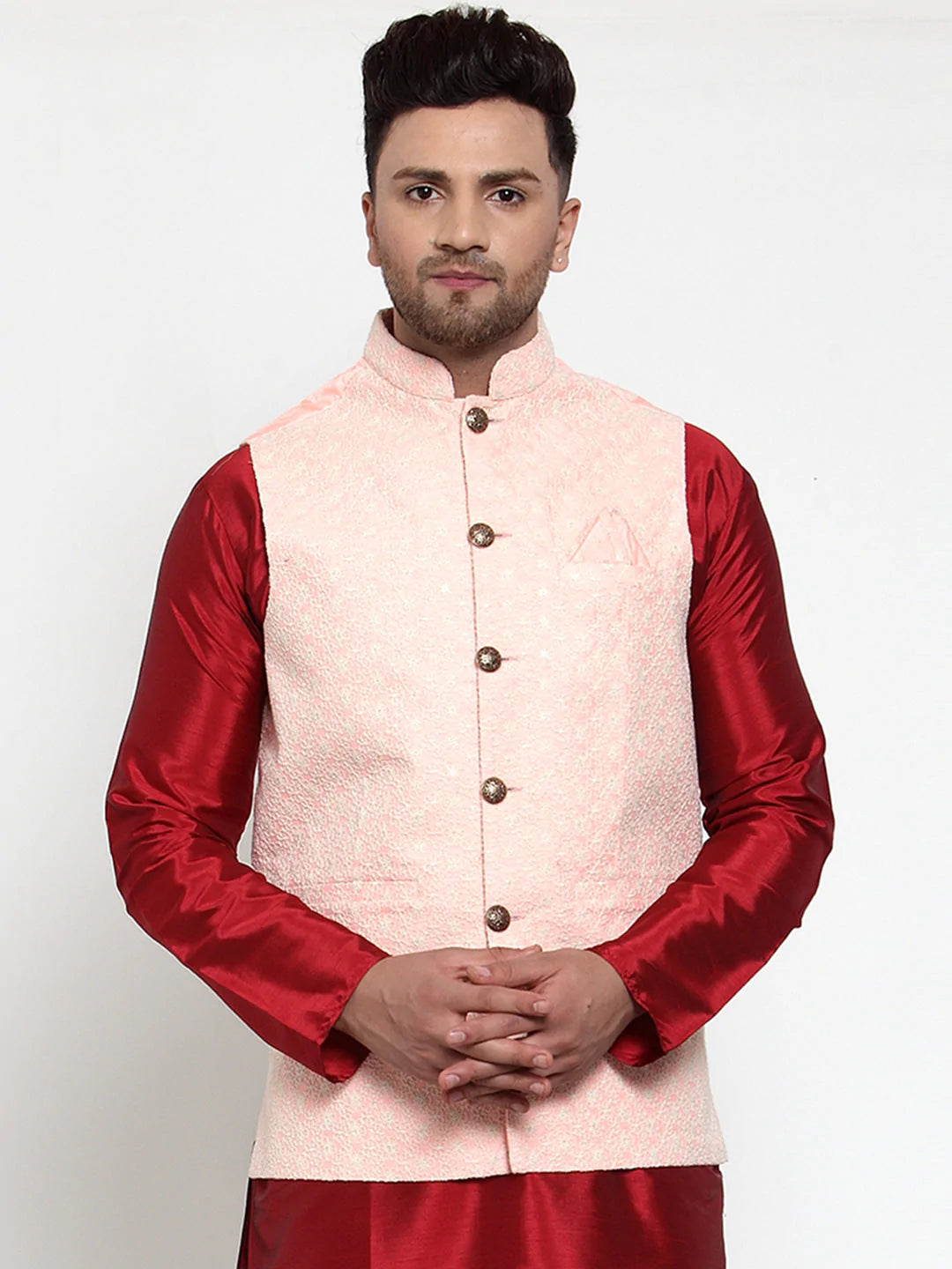 Jompers Men's Pink Embroidered Nehru Jacket ( JOWC 4018Pink )