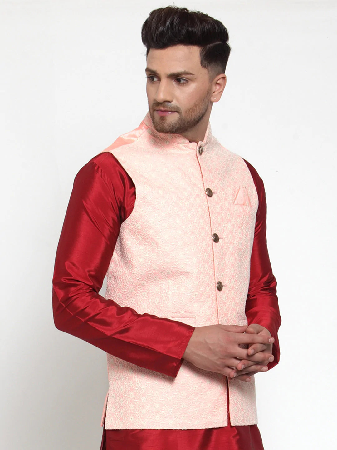 Jompers Men's Pink Embroidered Nehru Jacket ( JOWC 4018Pink )