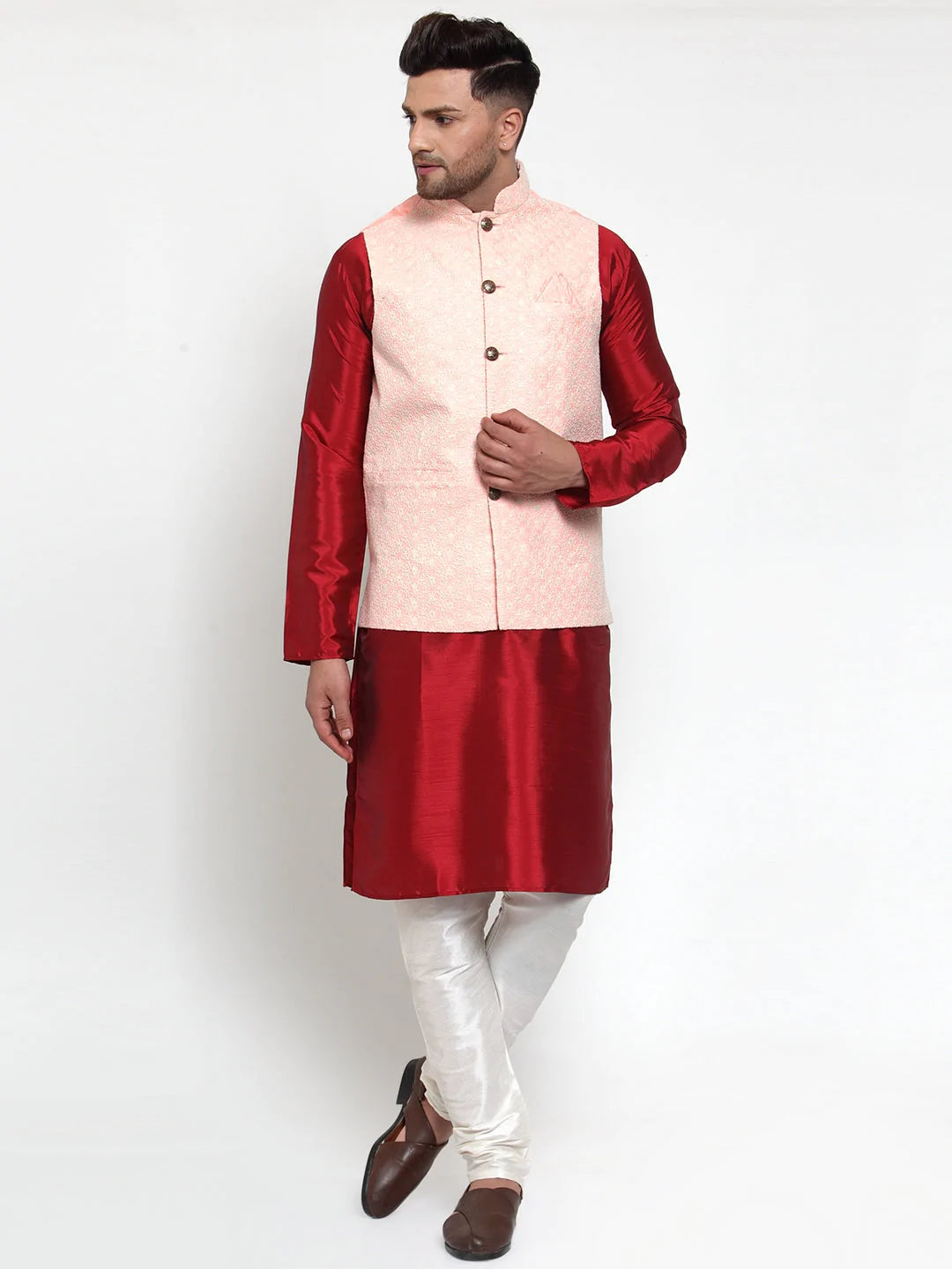 Jompers Men's Pink Embroidered Nehru Jacket ( JOWC 4018Pink )