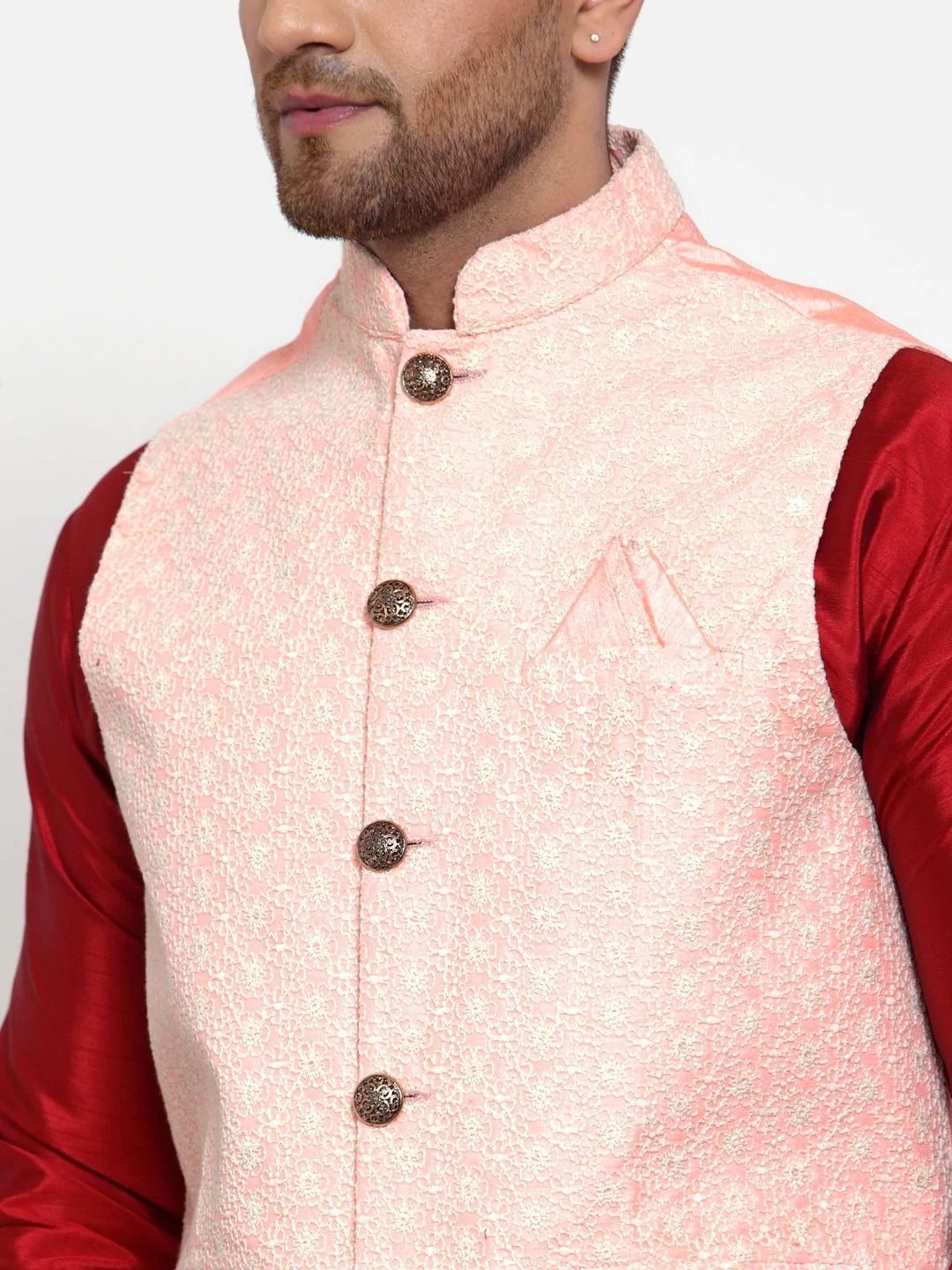 Jompers Men's Pink Embroidered Nehru Jacket ( JOWC 4018Pink )